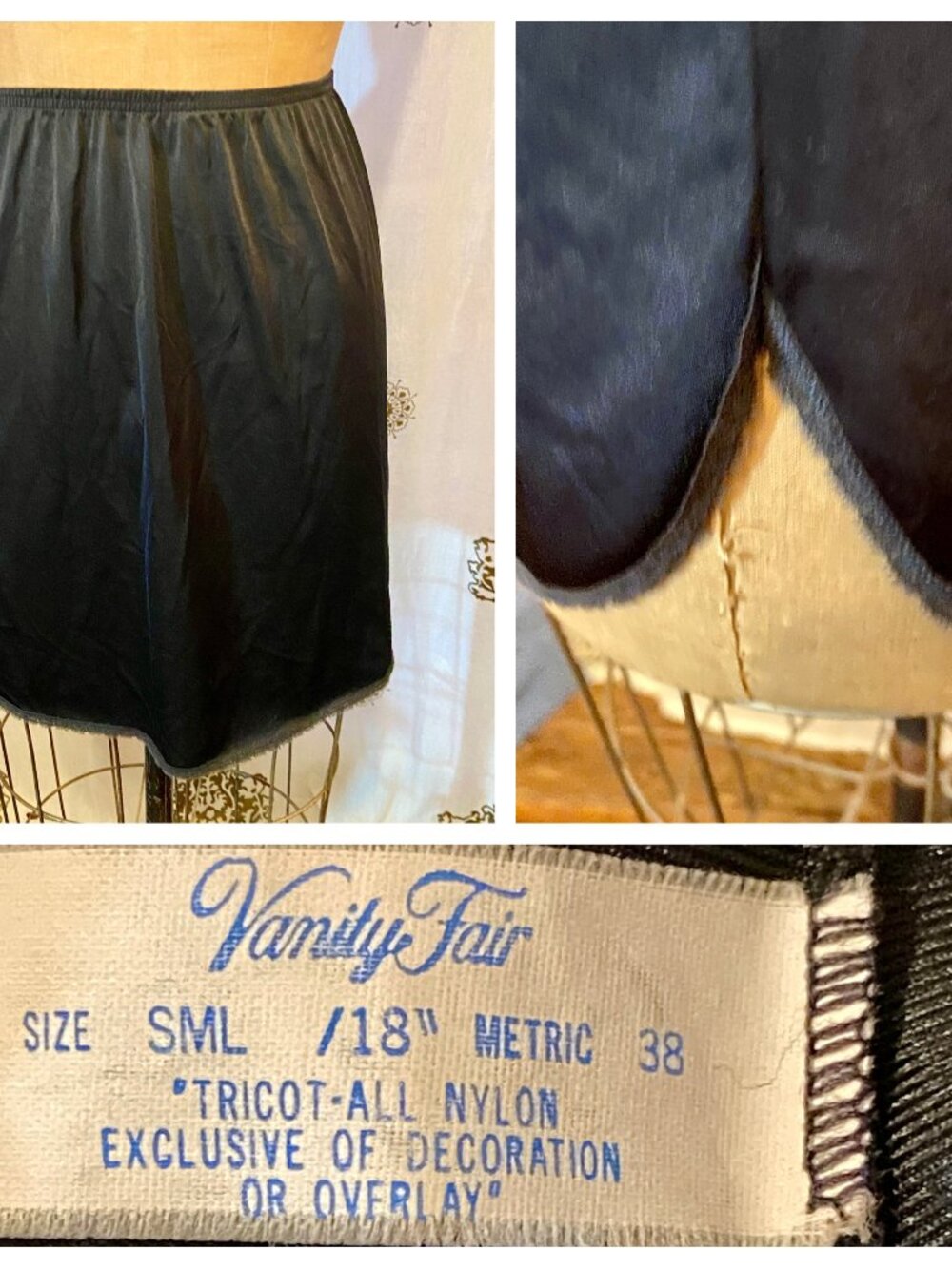 vtg VANITY FAIR Black Mini Half Slip LACE Trim Tulip Slit Nylon USA S Coquette